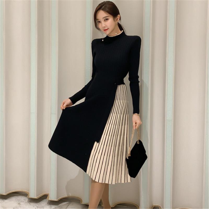 

korean style womens dress women solid knit slim sweater winter office lady o neck long sleeve a line, Black;gray