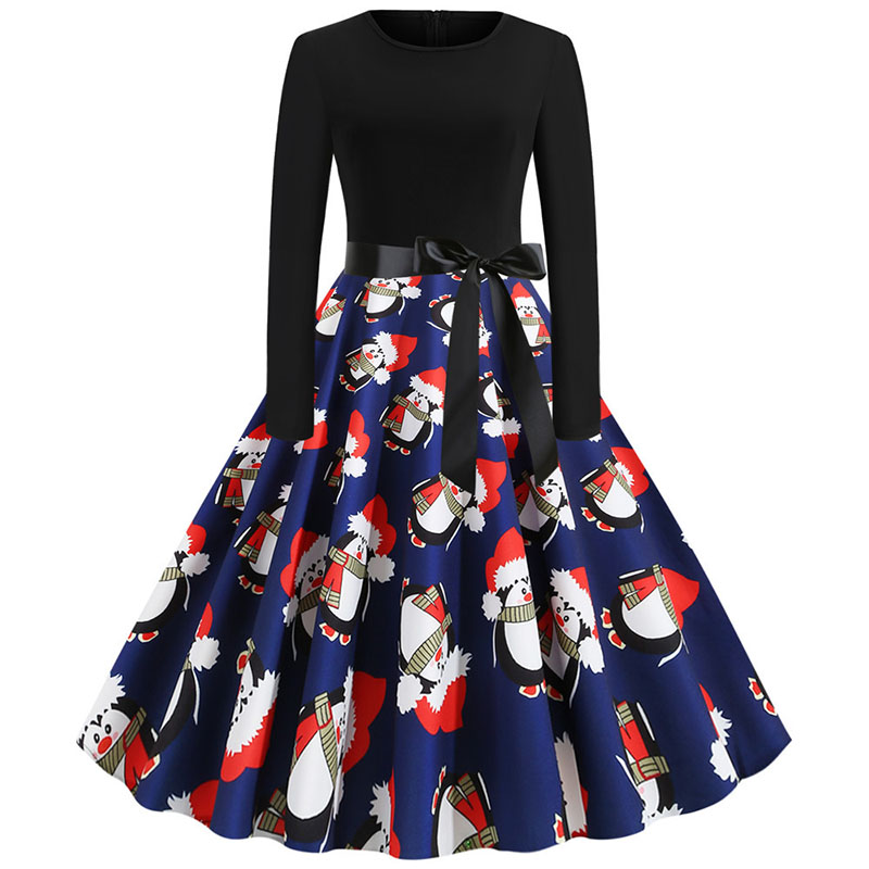 

2021women christmas long sleeve print elegant vintage knee-length party dress robe autumn winter casual plus size xmas dress, Black;gray