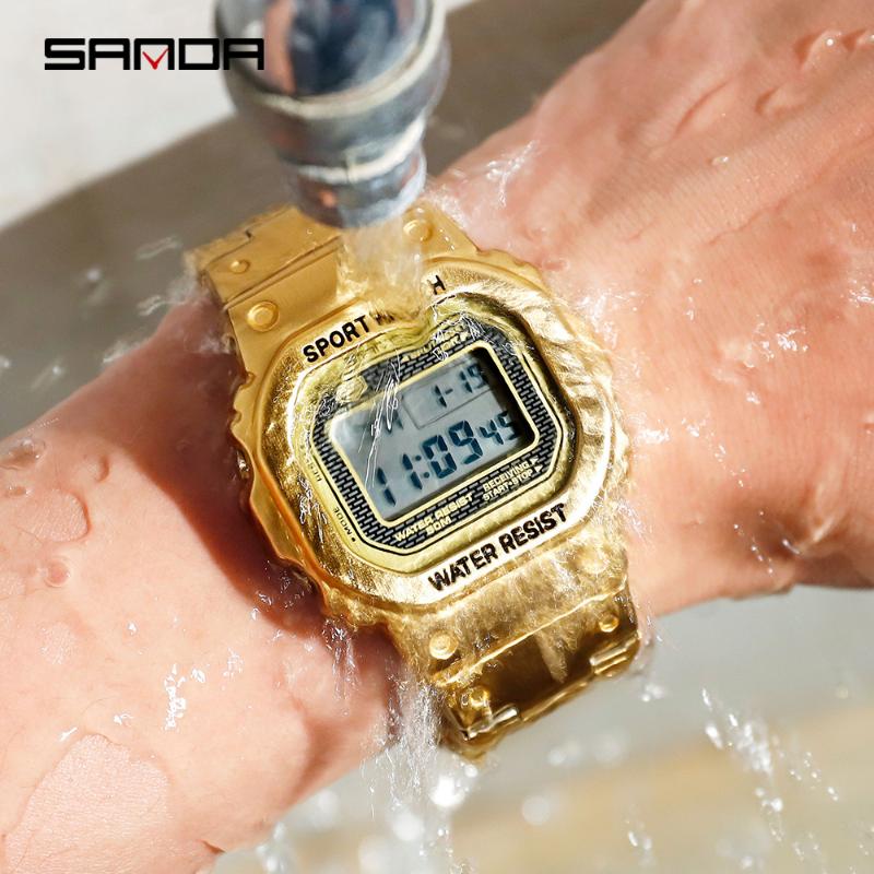 

Wristwatches SANDA Men Digital Watches Fashion Sport Watch 5BAR Waterpoof Alarm Clock Stainless Steel Led Male Reloj Hombre, Slivery;brown