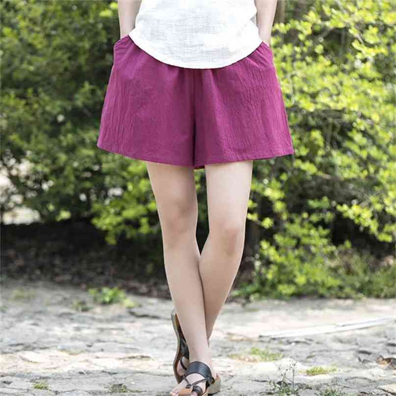 

Johnature Summer Women's Shorts Cotton Linen Solid Loose Plus Casual More Color Soft 210722, Blue