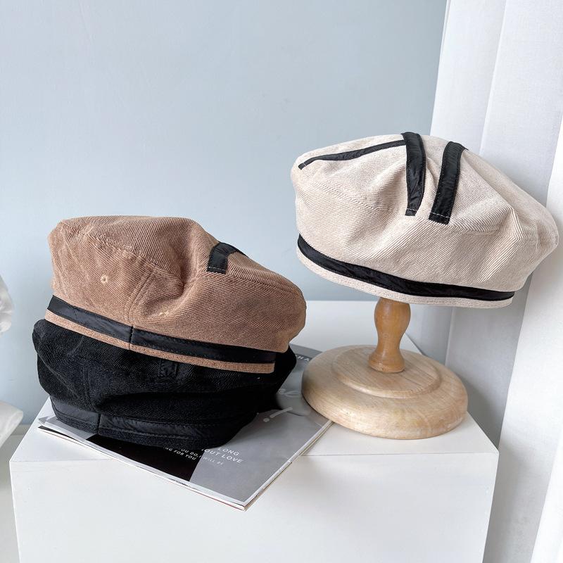 

Berets 202107-may-shenjing Ins Autumn Corduroy Geometric Stripes Street Lady Beret Hat Men Women Leisure Painter, Black