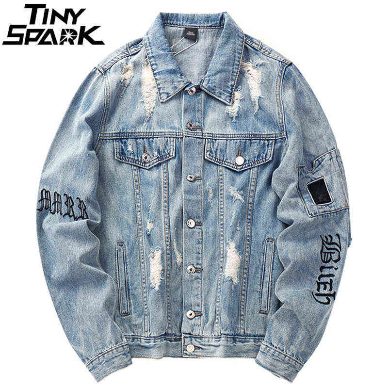 

Mens Denim Bomber Jackets Ripped Holes Vintage Gothic Letter Embroidery Short Jacket Jeans Distressed Streetwear Hip Hop 2021 Y1106, A29n12