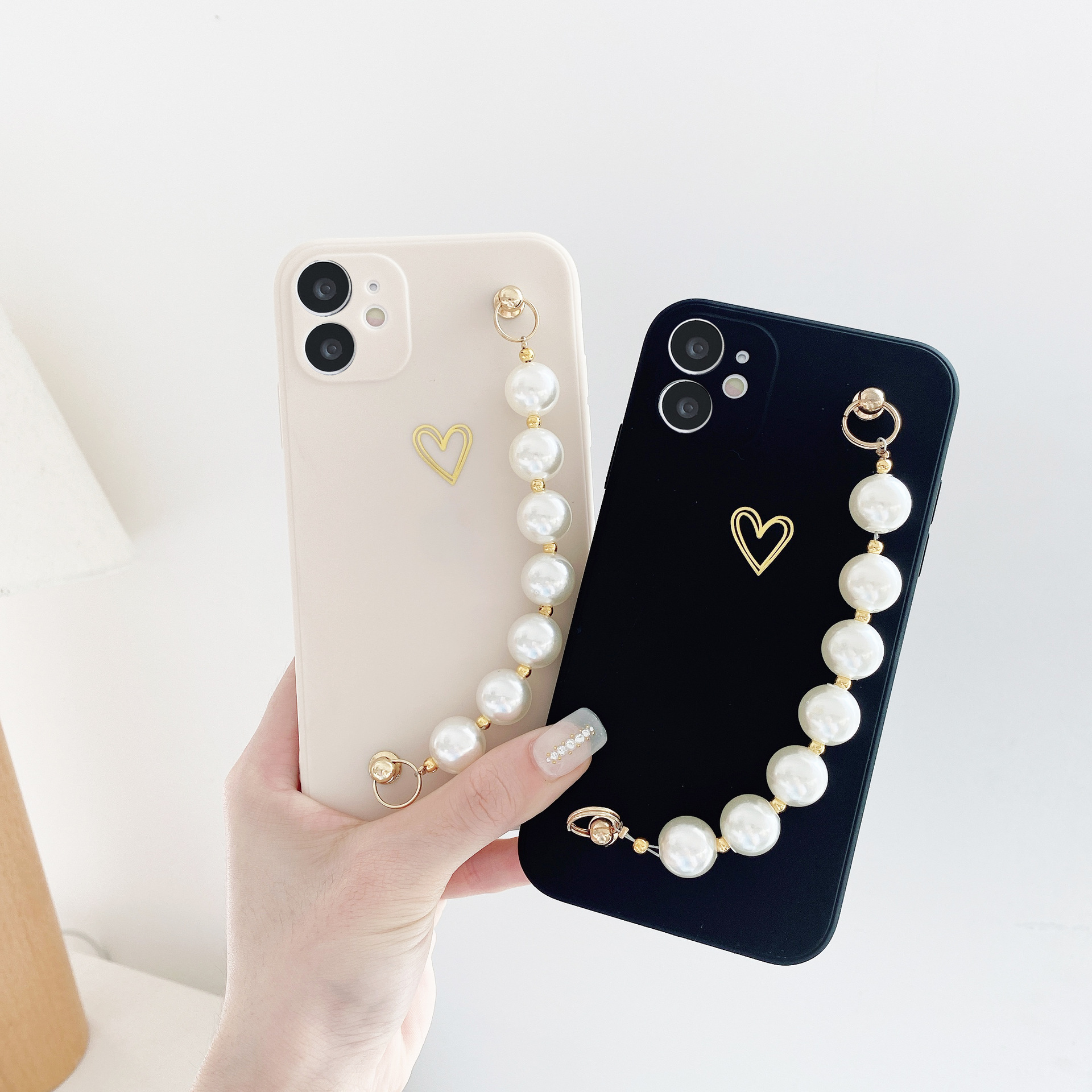 

Black Color Cases with Pearl Chain Compatible for iPhone 12 Pro Girl Shockproof Full Phone Cover Case 97164