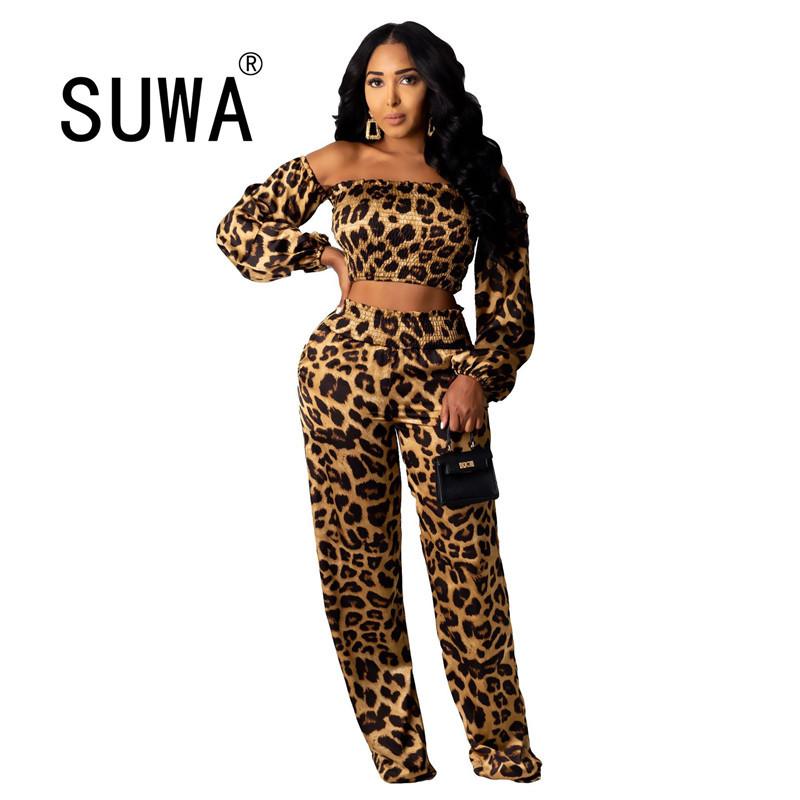 

Leopard Sexy Fashion Women Two Piece Matching Set Long Sleeve Crop Top Tunic + High Waist Wide Leg Pants Trousers Party Clubwear 210525, Brown