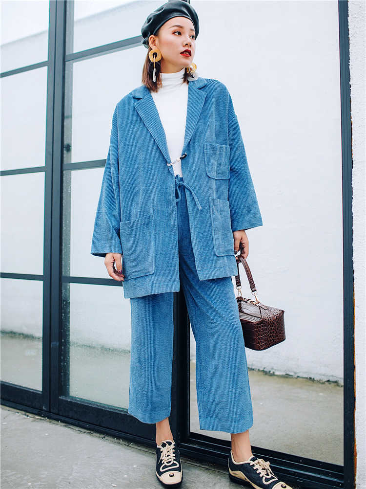

Fashion Autumn Wide Leg Pants Loose Chic Two Piece Set Plus Size Coat + Top and Women Coats 210615, Sky blue