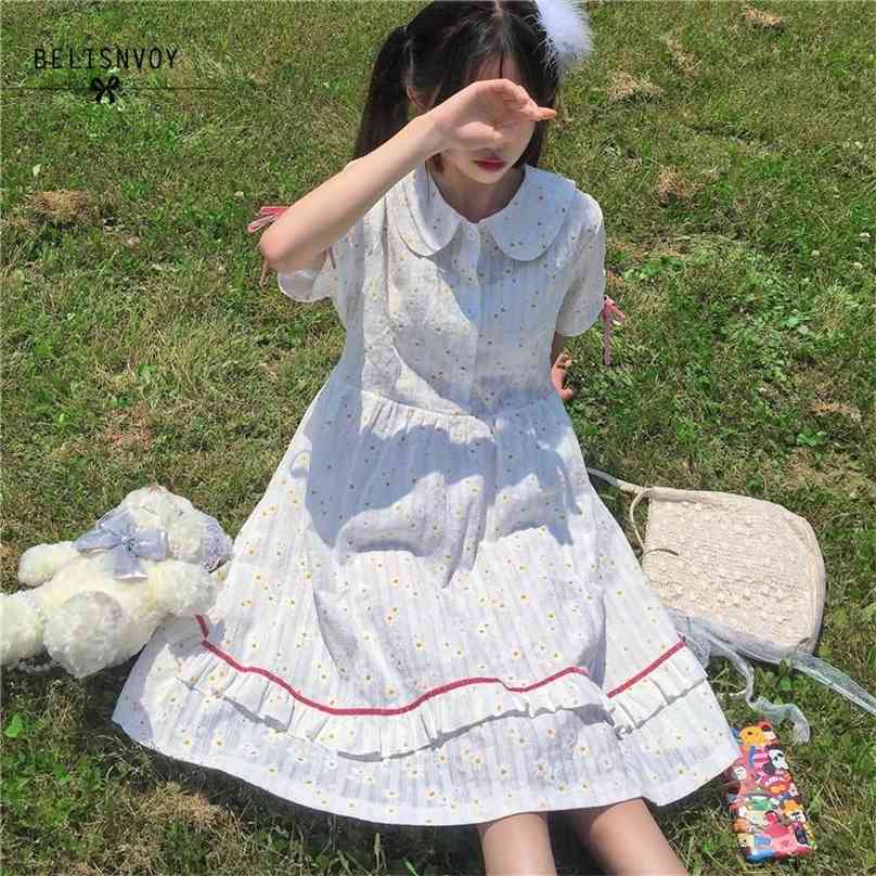 

Japanese Lolita Style Summer Women White Dress Peter Pan Collar Daisy Print Baggy Sweet Short Sleeve Bandage Ruffles 210520