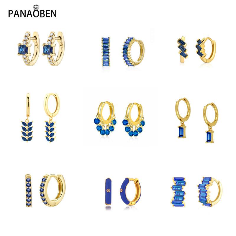 

Hoop & Huggie PANAOBEN 18K Gold Plated Dark Blue Zircon 925 Sterling Silver Earrings For Women Europen American Piercing Earring