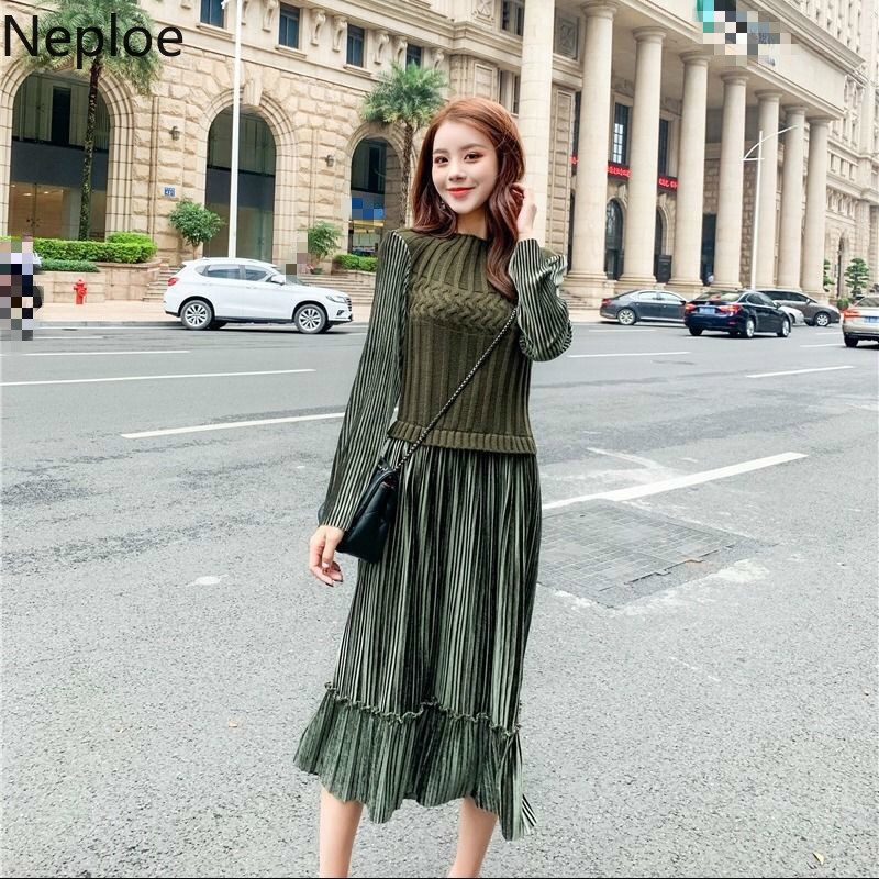 

2021neploe stand collar high waist hip vestido solid patchwork fake two pcs knit long sleeve dress autumn spring pleat ropa 47997, Black;gray