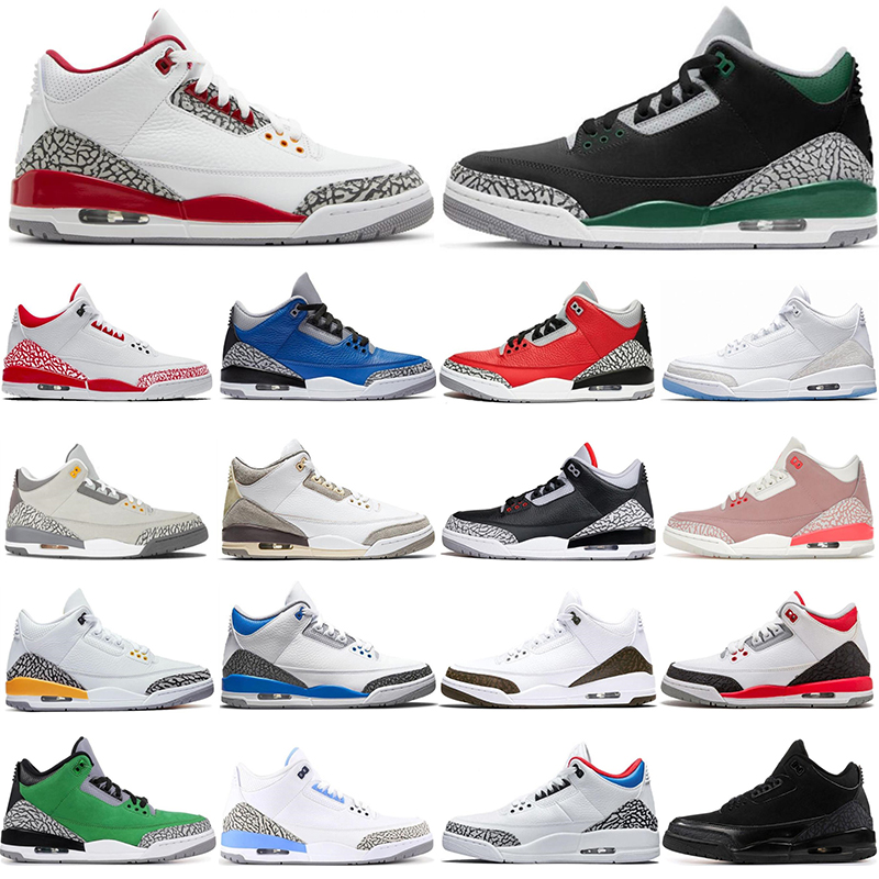 

3 Basketball Shoes For Men Cardinal Red Rust Pink Pine Green Cement Black Cat Medium Grey Fire Red UNC Racer Blue Mens Trainers Sports Sneakers With Box, 15