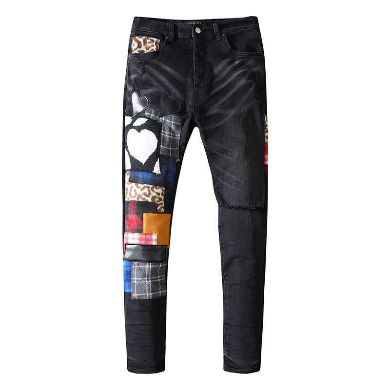 

black cow washing water hole making old patch color contrast love paste cloth embroidery Slim Fit Jeans Men
