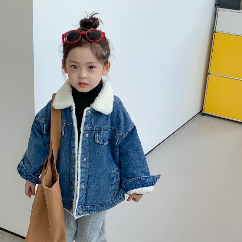 

Jackets MILA CHOU 2021 Winter Children Faux Fur Denim Jacket Baby Boy Girls Thicken Warm Fleece Turn-down Collar Coat Kids Clothes, Blue