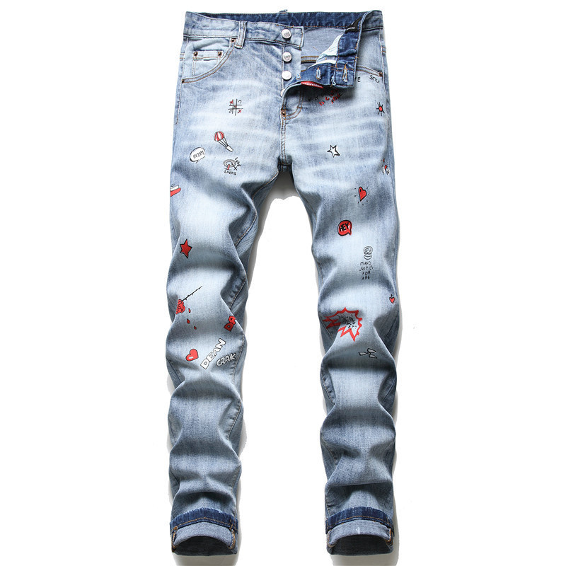 

men's jeans european embroidered print light blue male jeans slim leg straight motorcycle hip hop pilot wcyq