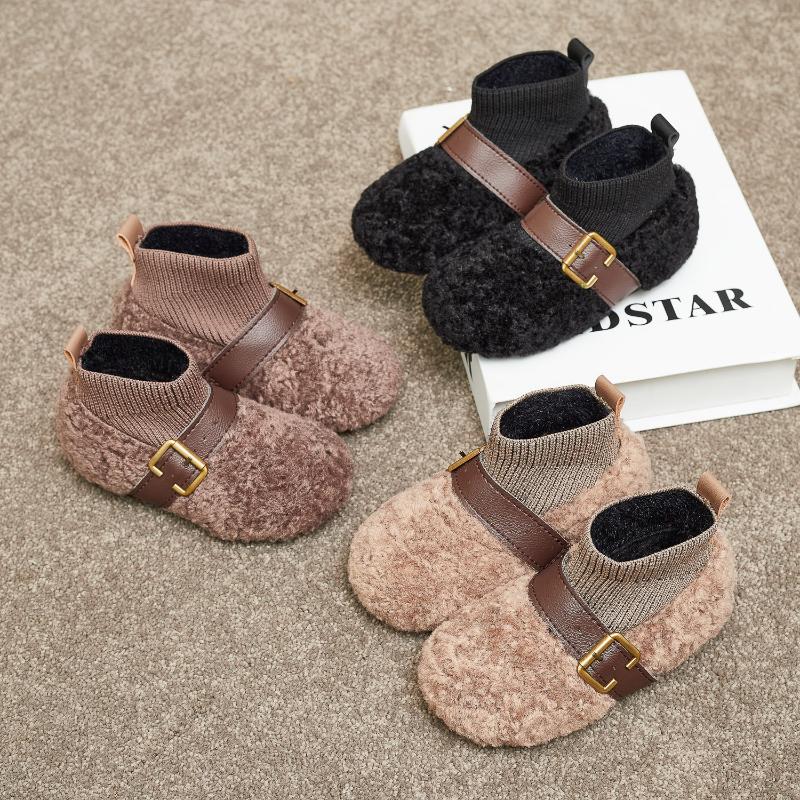 

Boots Plus Velvet Baby Shoes 2021 Winter Girls' Plush Children' Warm Toddler Soft Bottom Tide, Black;grey