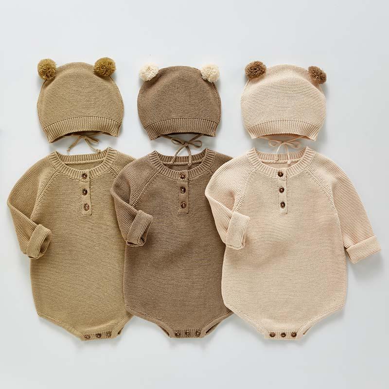 

Rompers Born Baby Autumn Knit Jumpsuit For Boy And Girl Cute Hat Sweater Romper Long Sleeve Clothes Outfits, 211h34-brown