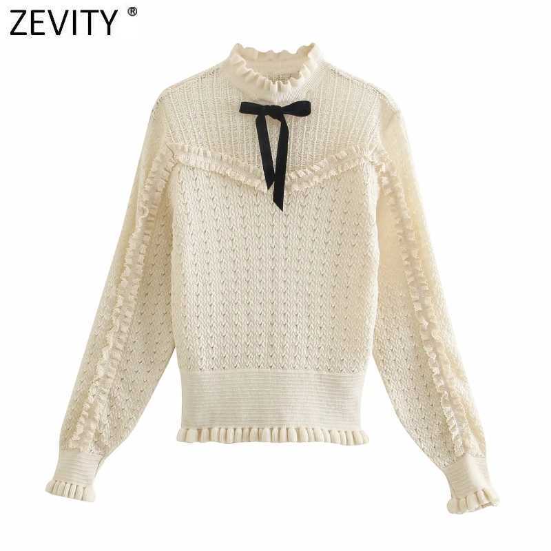 

Zevity Women Sweet Ruffles Lace Patchwork Hollow Out Crochet Knitting Sweater Female Chic Long Sleeve Casual Pullover Tops SW704 210603, As pic sw704bb
