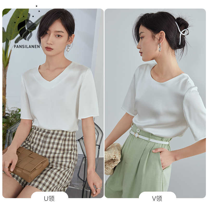 

FANSILANEN White Black V-neck Short-sleeved T-shirt Women Summer Loose Bottoming TopS Blouses 210607
