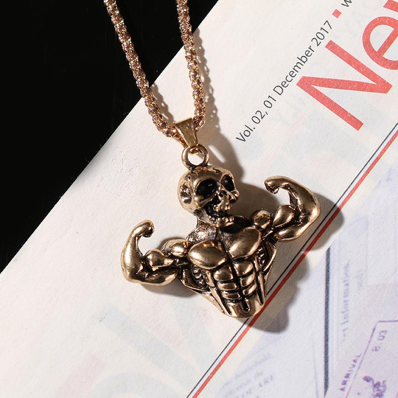

Rock Gold Goth Man Pendant Nacklace Women Skull Hip Hop Jewerly Metal Punk Muscle Triangle Long Rope Party Gifts Necklaces, Silver