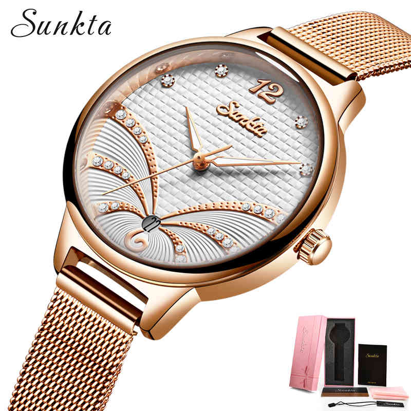 

SUNKTA Rose Gold Watch Women Watches Ladies Creative Steel Women Bracelet Watches Female Waterproof Clock Relogio Feminino 210517, White