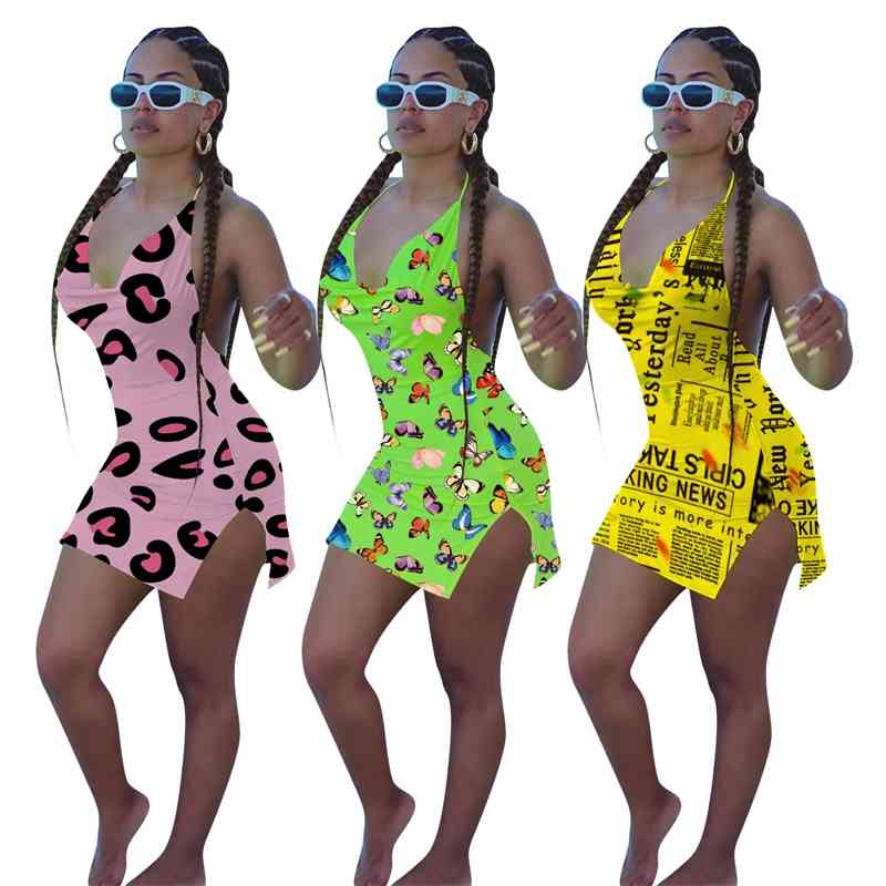 

y8188 tight necked print beach dress women's wear, Black;gray