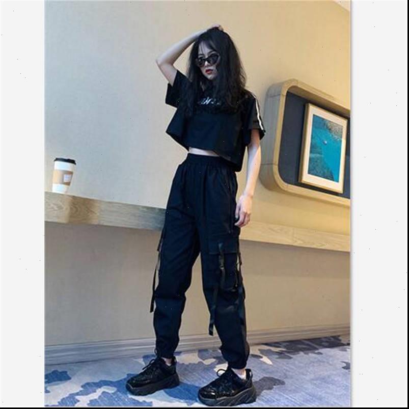 

womens pants harajuku streetwear cargo women casual joggers black waist loose female trousers korean ladies capri autumn, Black;white