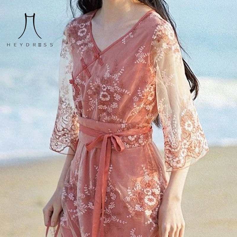 

Women V-neck Vingate Floral Dress Party Evening Girl Korean Style Bandage Design Summer Sweet Elegant 210517, As picture