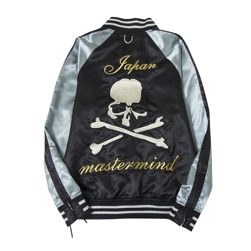 

Roaring eyes mastermind Japan embroidered skull MMJ Satin Baseball Jacket, Black