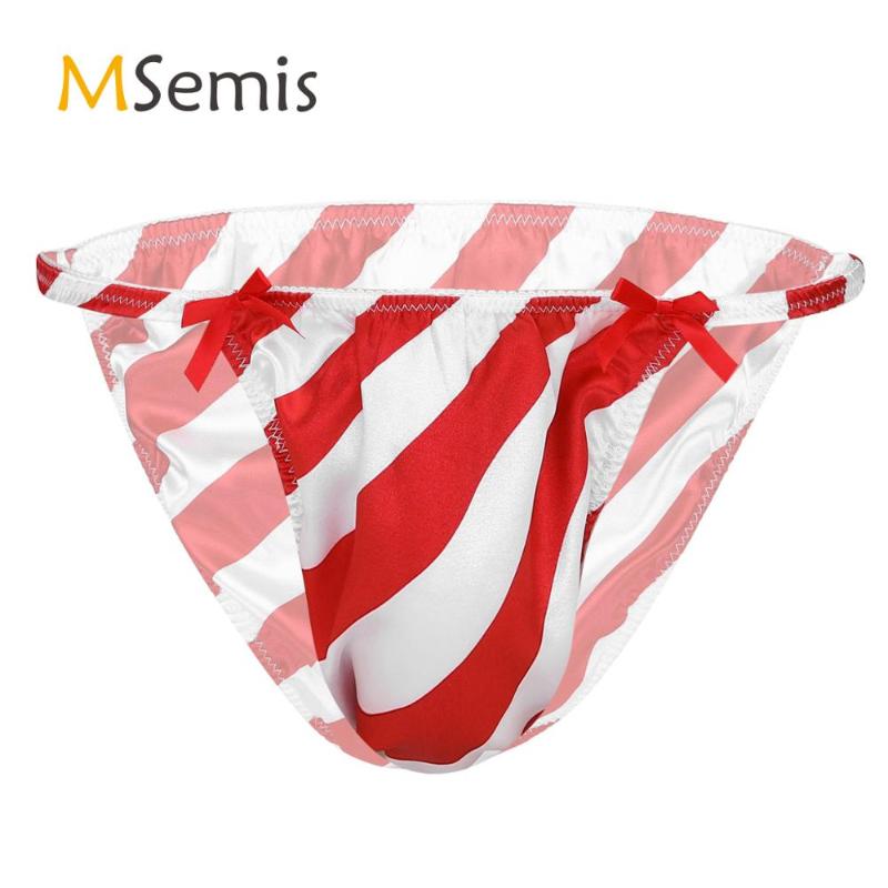 

Mens Shiny Satin Underwear Christmas Santa Claus Sissy Panties Low-Rise With Elastic Waistband Striped Soft String Bikini Briefs One-Piece S