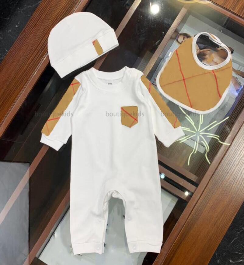 

2021 Baby Jumpsuits Spring Autumn Clothing Newborn Kids Boys Girl Romper Hat Bib 3Pcs Suit Infant Boy Designers Clothes, #plaid3