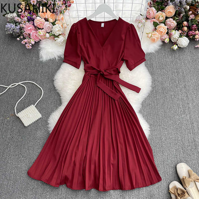 

Spring V-neck Short Sleeve Dresses Korean Bow Bandage Slim Waist Dress Elegant Pleated A-line Women Vestido 6E951 210603, Green