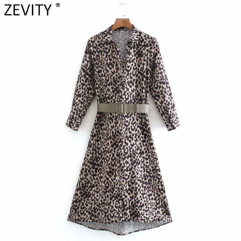 

Zevity Women Vintage Leopard Print Sashes Midi Shirt Dress Office Lady Chic Long Sleeve Casual Business Party Vestido DS4614 210603, As pic ds4614ww