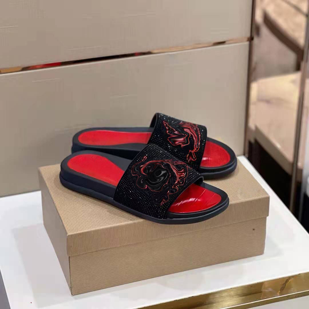 

Designers Red Bottom Slippers Studs Rivet Suede Sandals Mens Women Printed Slides Flat Shoes Summer Outdoor Flip Flop Laser Striped Sandal
