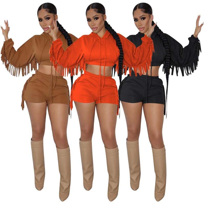 

Women' Tracksuits 2022 Pure Color 2 Piece Set Women Fashion Sexy Street Style Sets Long Sleeve Hooded Collar Top Elastic Short Pants, Black