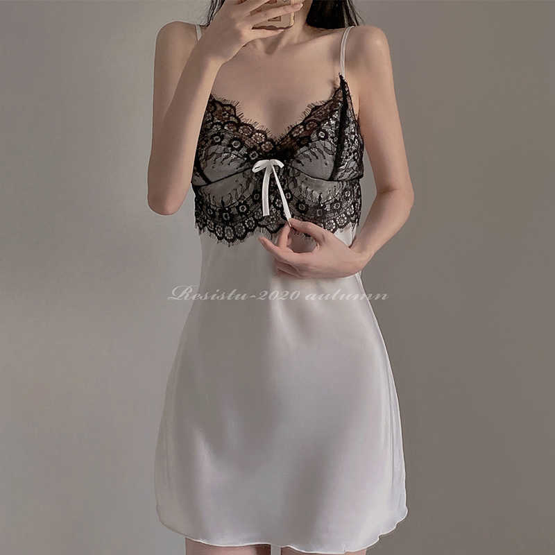 

WOMENGAGA summer sexy women korean lace mesh elegant Transparent v neck tank mini dresses party dress vintage LMU5 210603, Black