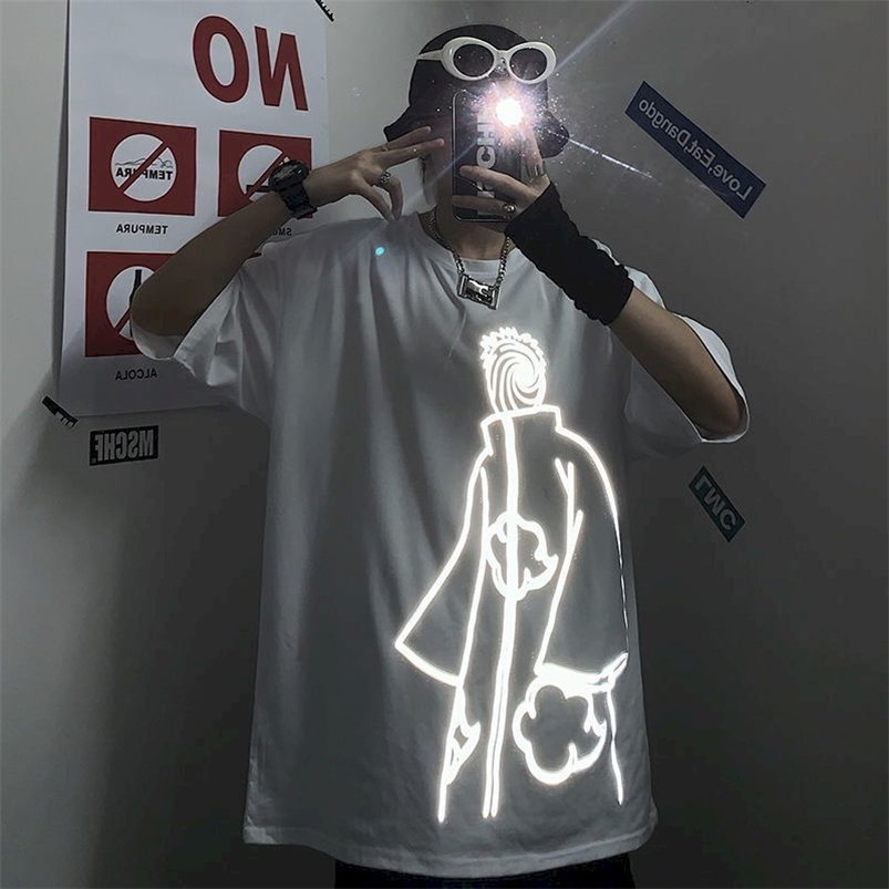 

Short-sleeved T-shirt Men Women Summer Reflective Trend Loose Personality Technology Creativity Couple Wear Top 210722, Zhongguo black