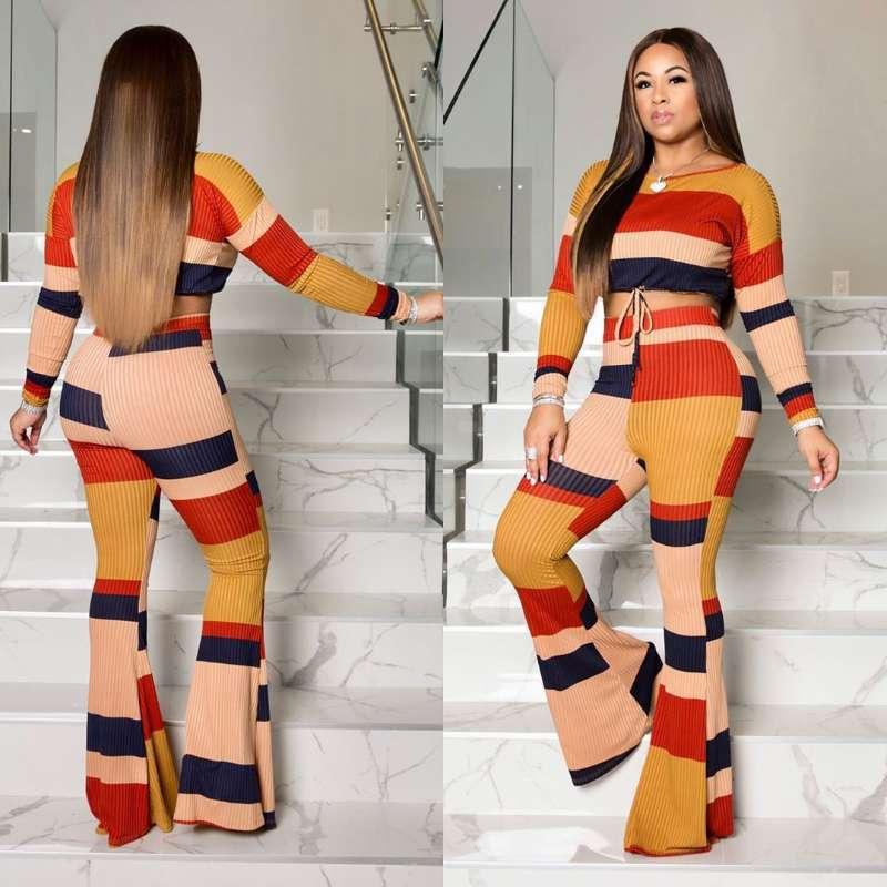 

Women' Two Piece Pants 2022 Autumn And Winter Sexy Striped Printed Long-sleeved Top Trousers Two-piece Suit