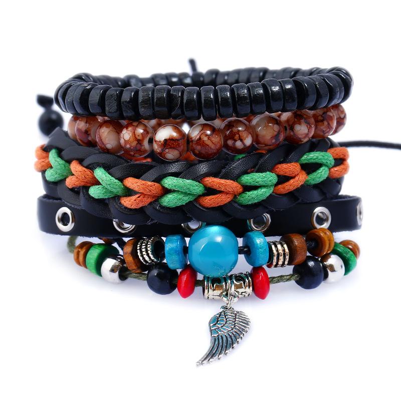 Charm Bracelets 4pcs/set Boho Punk Hippie Black Wrap Leather Cord Knot Vintage Silver Color Wing Brown Bead Layers Bangles Man-image-711142489