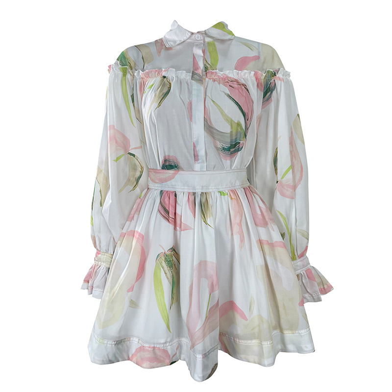 

Spring Print Lapel Casual Fashion Suit Women' Trumpet Sleeve Shirt 2-piece Elastic Waist Skirt Set MZ134 210525, White