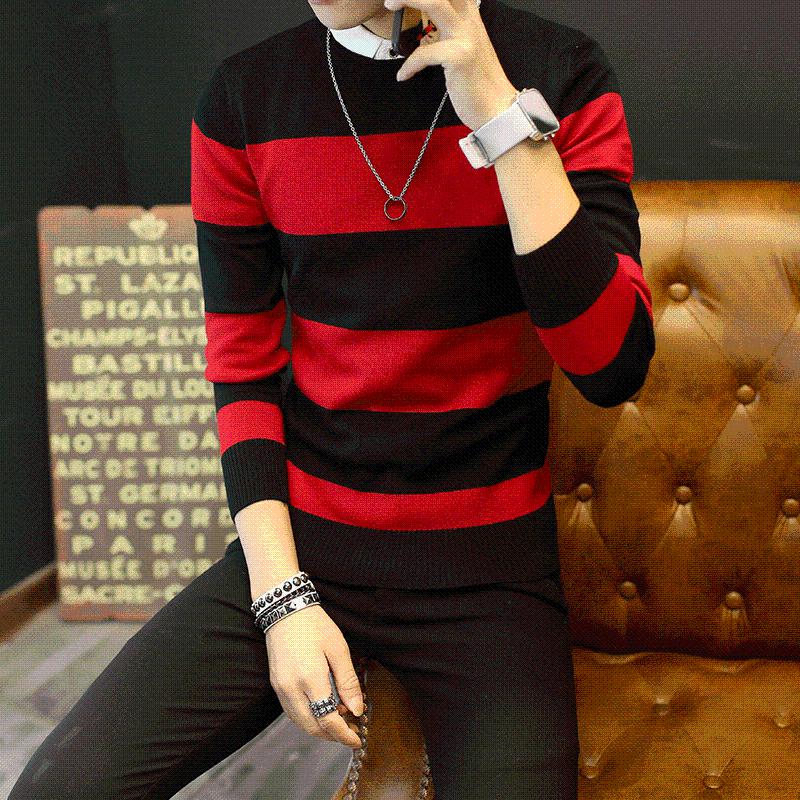 

Men's Sweaters Sweater 2021 Spring Autumn Students South Korean Slim Youth Striped Red And Black Two Colors -XXL, White;black