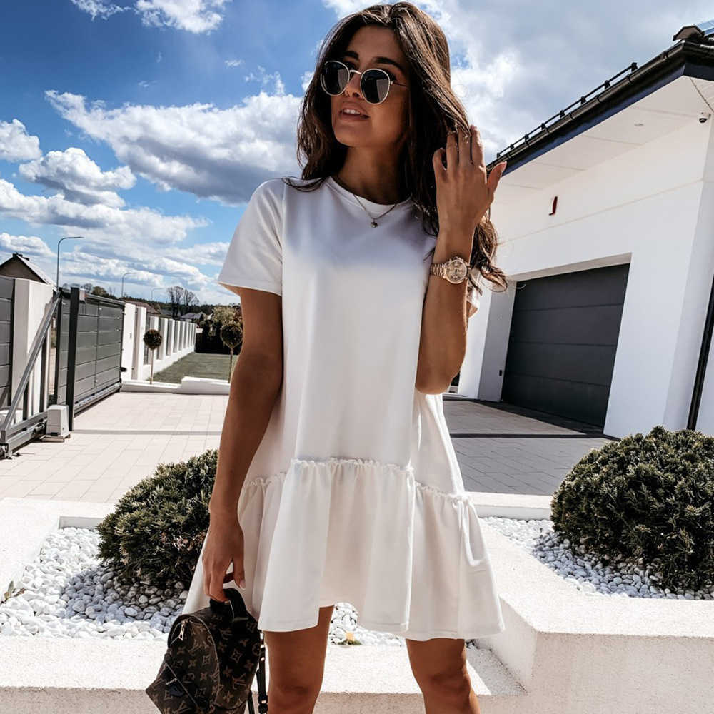 

Summer Women Ruffles Mini Dress Fashion Loose Female White Short Dresses Casual O Neck Sleeve Lady Beach Vestidos 210526, Pink