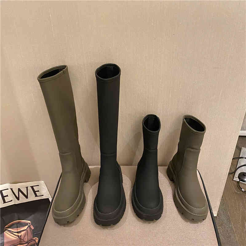 

boots matte green chunky heel platform stretch pu sock women round toe ankle motorcycle shoes ladies botas zh69, Black