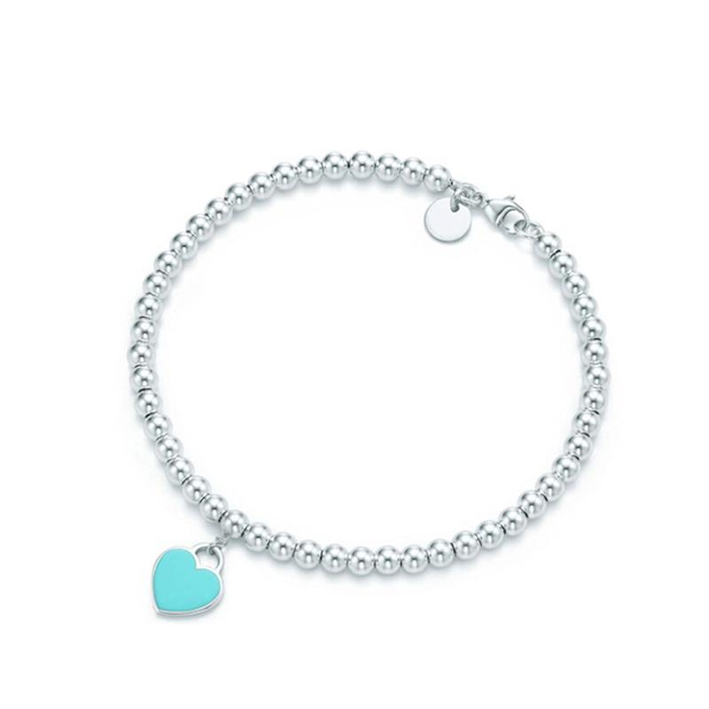 

Link, Chain S925 Sterling Silver Ladies Classic Enamel Heart-shaped Tag 4m Bead Bracelet European And American Holiday Gifts