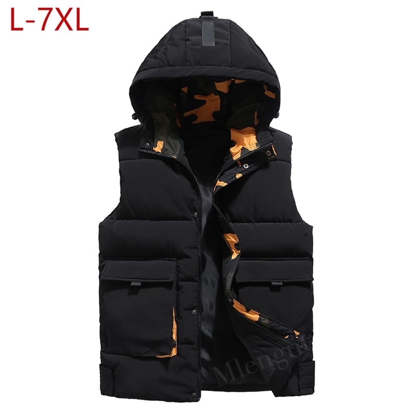 

Winter Men Plus Large Size 7xl Vest Hooded Waistcoat Camouflage Sleeveless Jackets Warm Parka Coat for Men Unisex Travel Vest 211111, Black vest