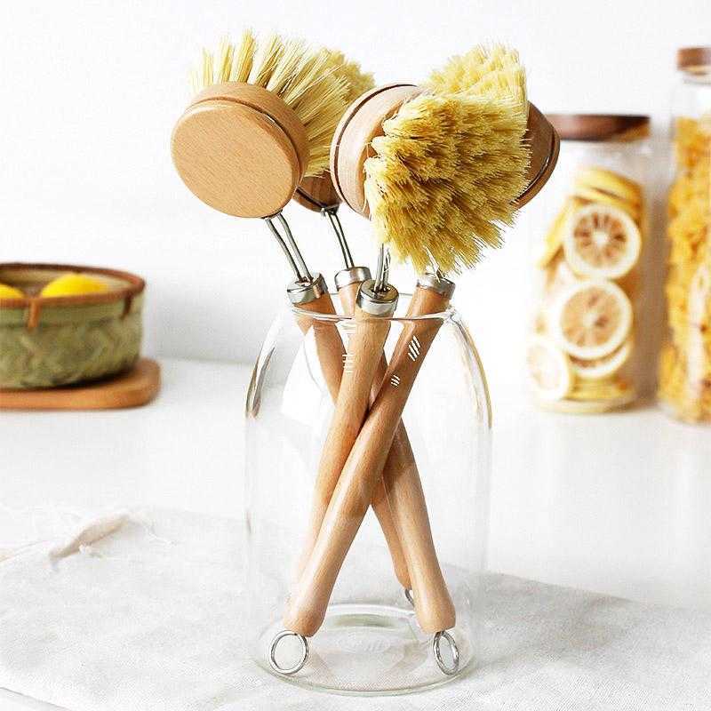 Natural Plant Silk Beech Wood Long Handle Brush Replaceable Pot brush Solid Wooden Handle Cleaning Brush