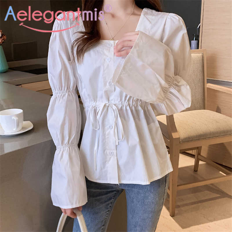 

Aelegantmis Adjustable Waist Women Blouse Elegant Squre Collar Shirts Female Vintage Stylish Tops White Chic Korean 210607, Sky blue