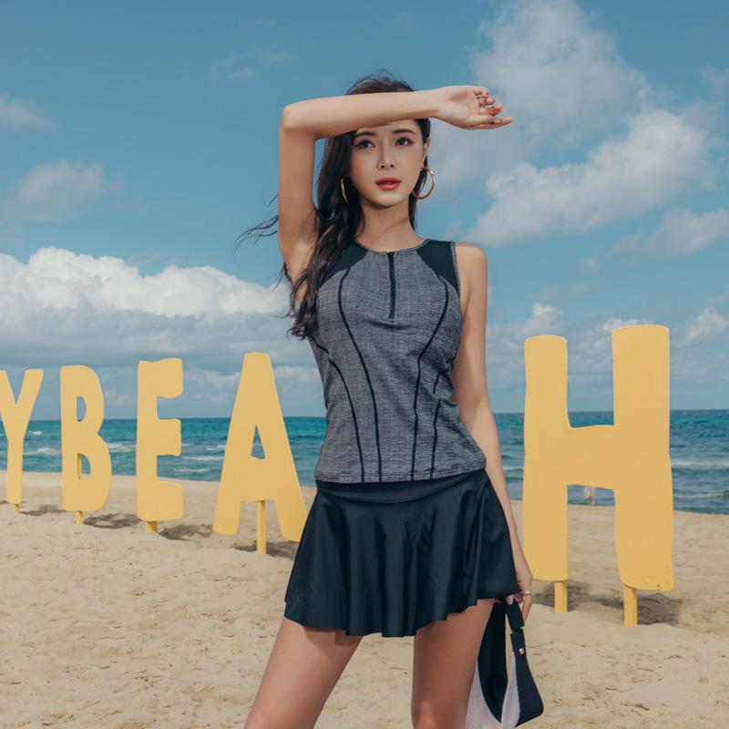 

Swimsuit Women High Quanlity Zipper With Skirt 2 Pieces Patchwork Push Up Pad Swim Suit Korea Style Bathing One-Piece Suits