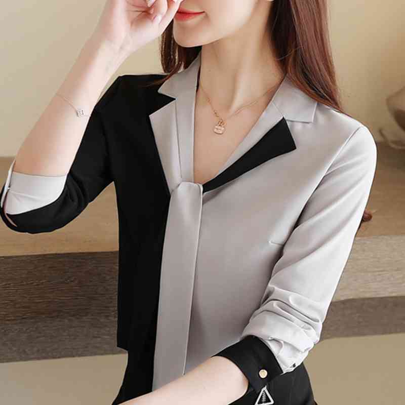 

Long Sleeve Bow V-Neck Office Blouse Shirt Chiffon Blouse Tops Blusa Blouse Women Blusas Mujer De Moda Women Clothing D979 210602, Gray