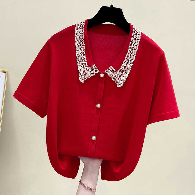 

Knitted Sweater Women Summer Fashion Pullover Turn-down Collar Contrast Color Knitwear Pull Femme Women Sweaters Knit Tops 210604, Red