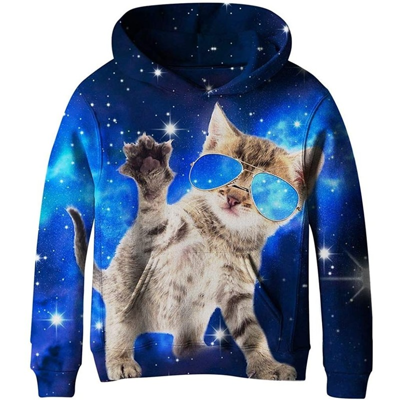 

Cat blue pattern comfortable men and women novelty hoodie 3D printing pullover hooded sweater with pocket 100-160, Black