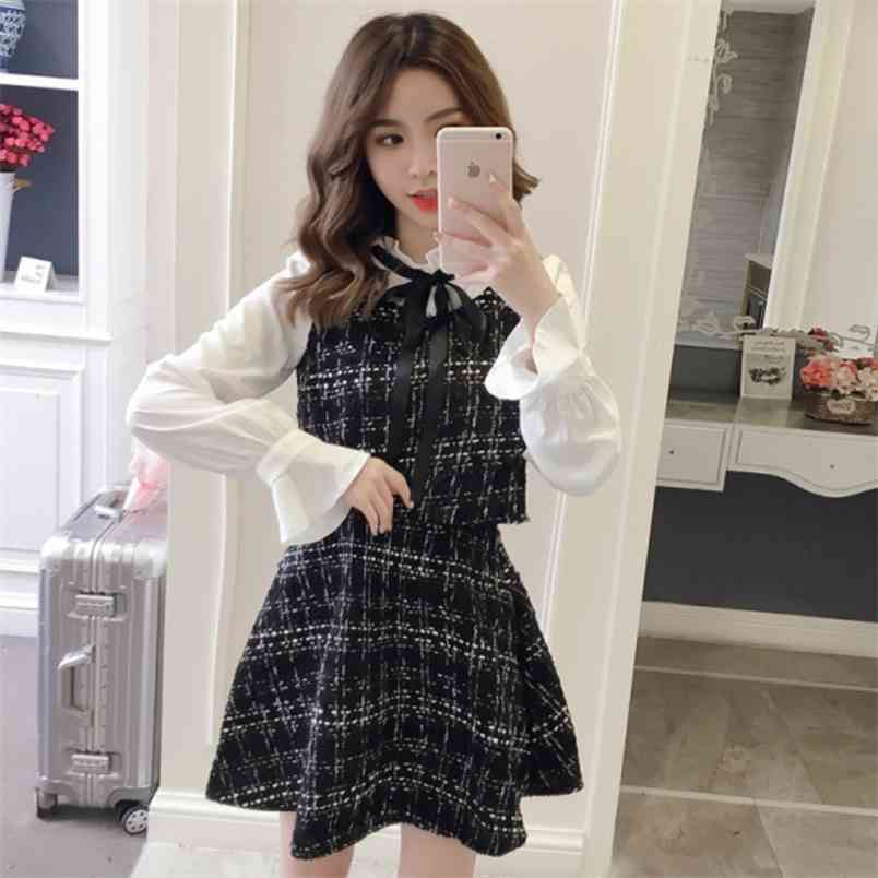 

Korean Autumn Winter Vintage Dresses Women Elegant Fake Two Piece Dress Party Long Sleeve Runway Vestidos 210519, Black