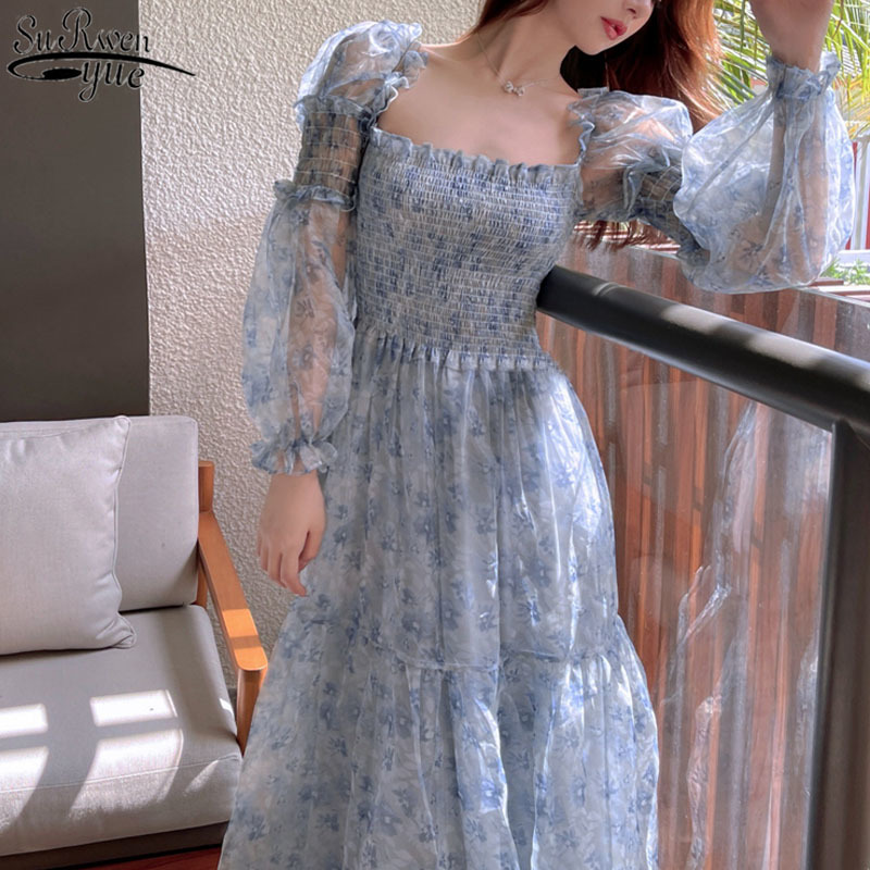 

Puff Sleeve Square Collar Boho Beach Floral Dress Summer Lace Elegant Midi Dress Women Female Party Dress Robe 14514 210518, Blue